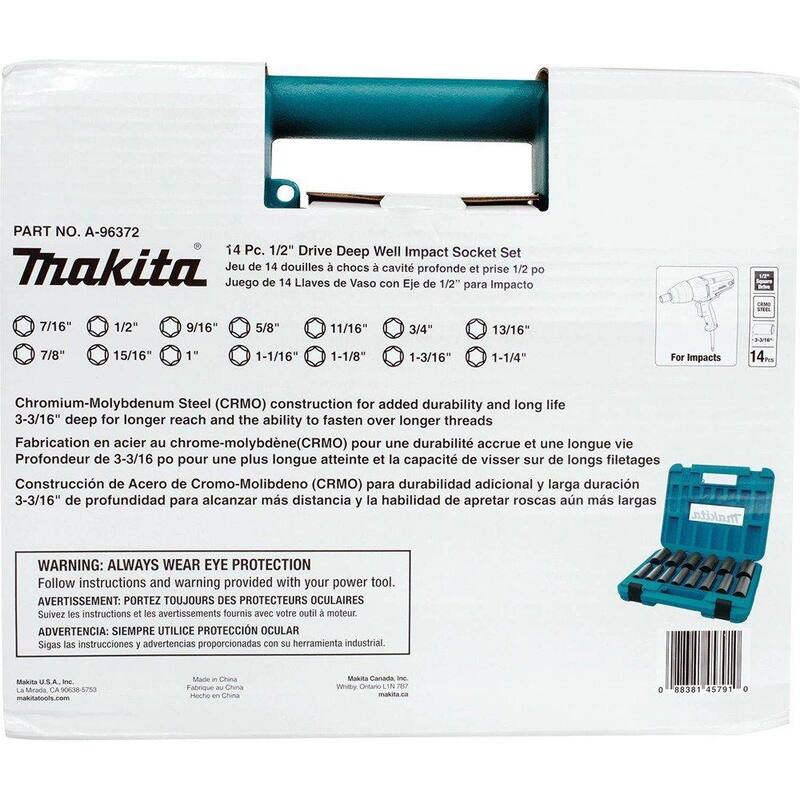 Juego de puntas de impacto profundo fraccionarias de 1/2 pulgadas de 6 puntos de Makita (14 piezas) - A-96372