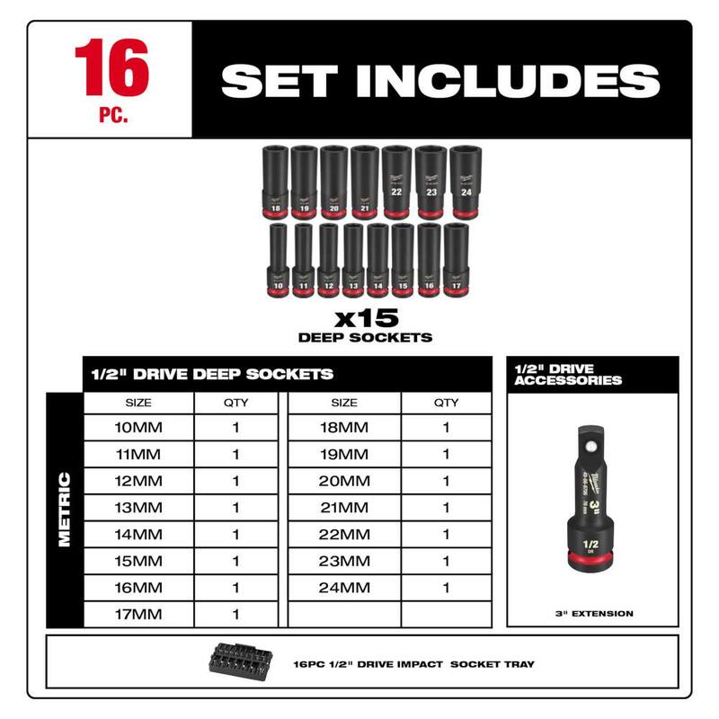 Juego de vasos de impacto de 1/2 pulgadas de tamaño métrico de Milwaukee SHOCKWAVE de 16 piezas - 49-66-6818