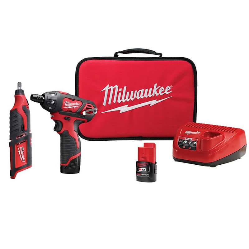 Juego de destornillador inalámbrico Milwaukee M12 12V de 1/4 de pulgada con batería de iones de litio y herramienta rotativa inalámbrica M12 de iones de litio (herramienta solamente) - 2401-22-2460-20