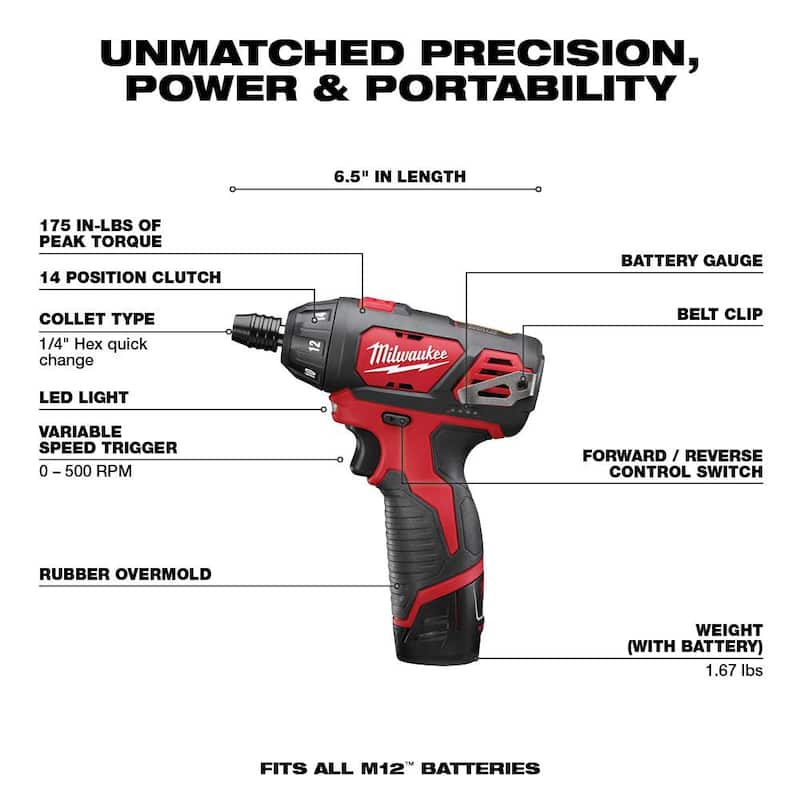 Juego de destornillador inalámbrico Milwaukee M12 12V de 1/4 de pulgada con batería de iones de litio y herramienta rotativa inalámbrica M12 de iones de litio (herramienta solamente) - 2401-22-2460-20