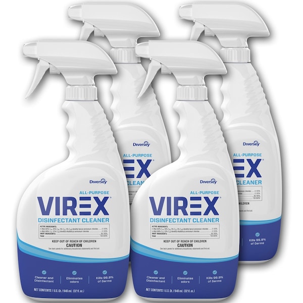 Limpiador desinfectante multiusos Virex de Diversey, 32 fl oz (1 cuarto) en envase de atomizador, aroma a cítricos, transparente, paquete de 4 - DVOCBD540540