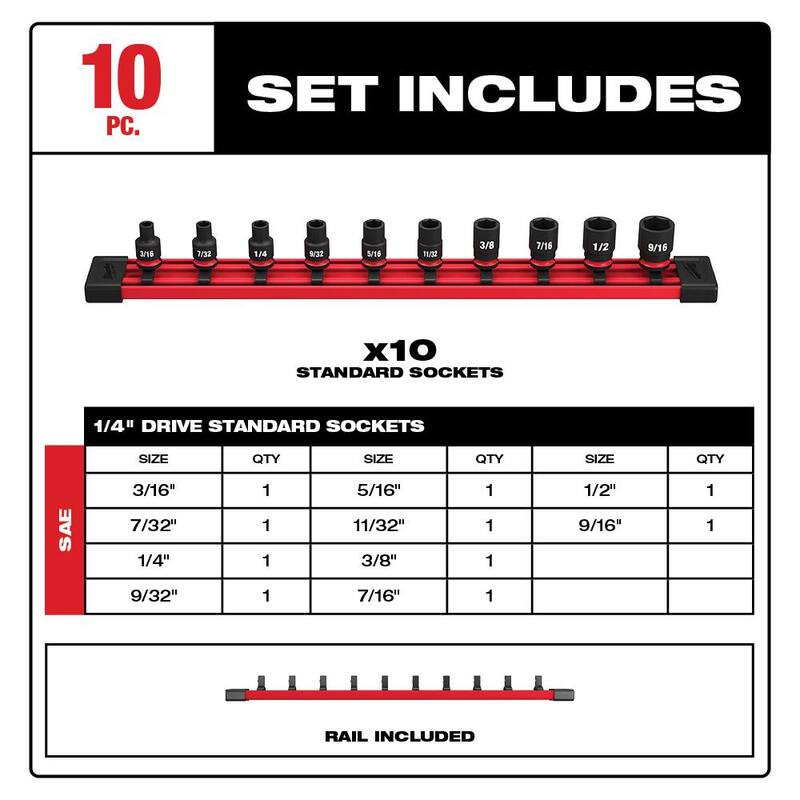 Juego de 10 piezas de vasos de impacto de 1/4 de pulgada con puntas SAE de 6 puntos Milwaukee SHOCKWAVE - 49-66-7000