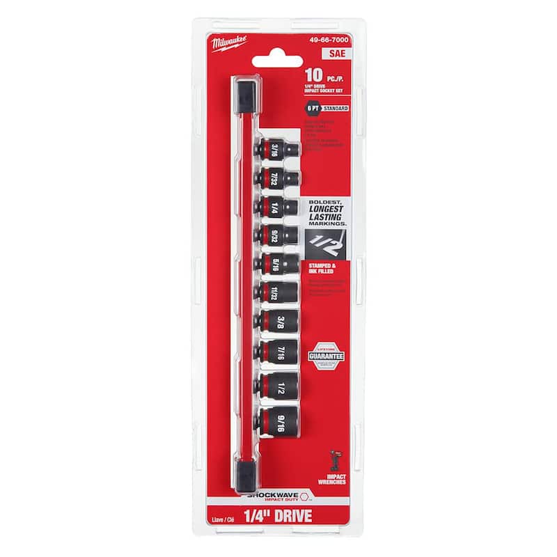 Juego de 10 piezas de vasos de impacto de 1/4 de pulgada con puntas SAE de 6 puntos Milwaukee SHOCKWAVE - 49-66-7000