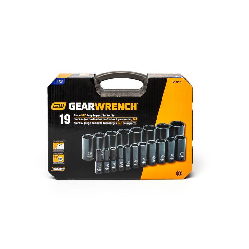 Juego de dados de impacto profundos de 1/2 pulgadas de 6 puntos en medida estándar SAE de GEARWRENCH (19 piezas) - 84934N