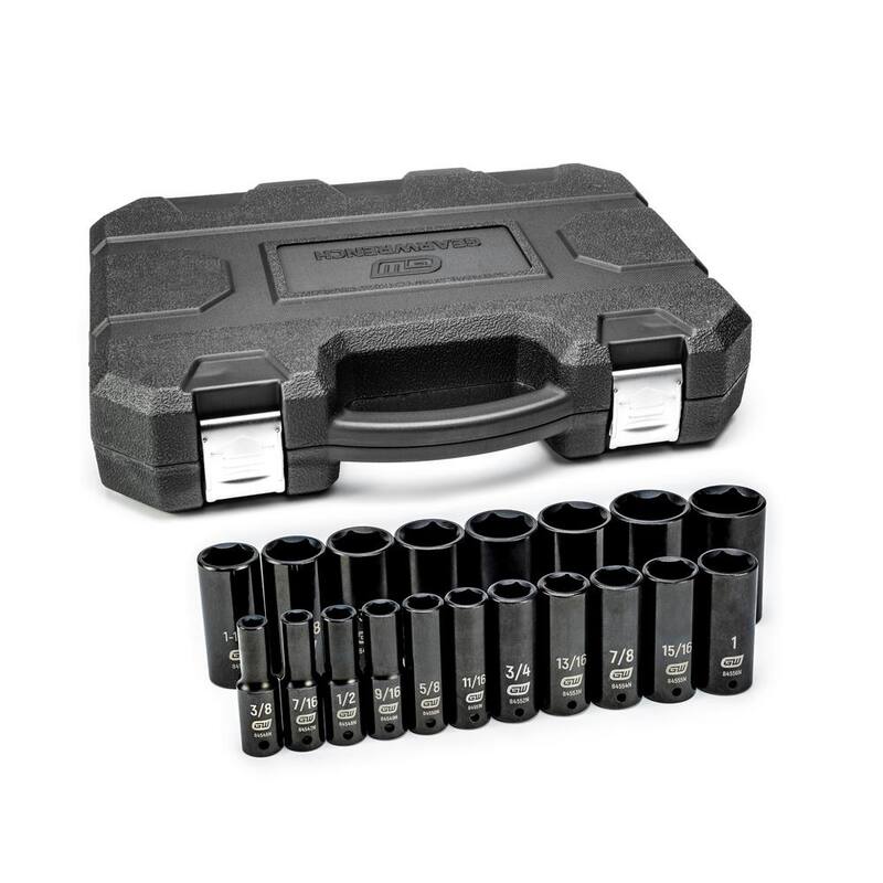 Juego de dados de impacto profundos de 1/2 pulgadas de 6 puntos en medida estándar SAE de GEARWRENCH (19 piezas) - 84934N
