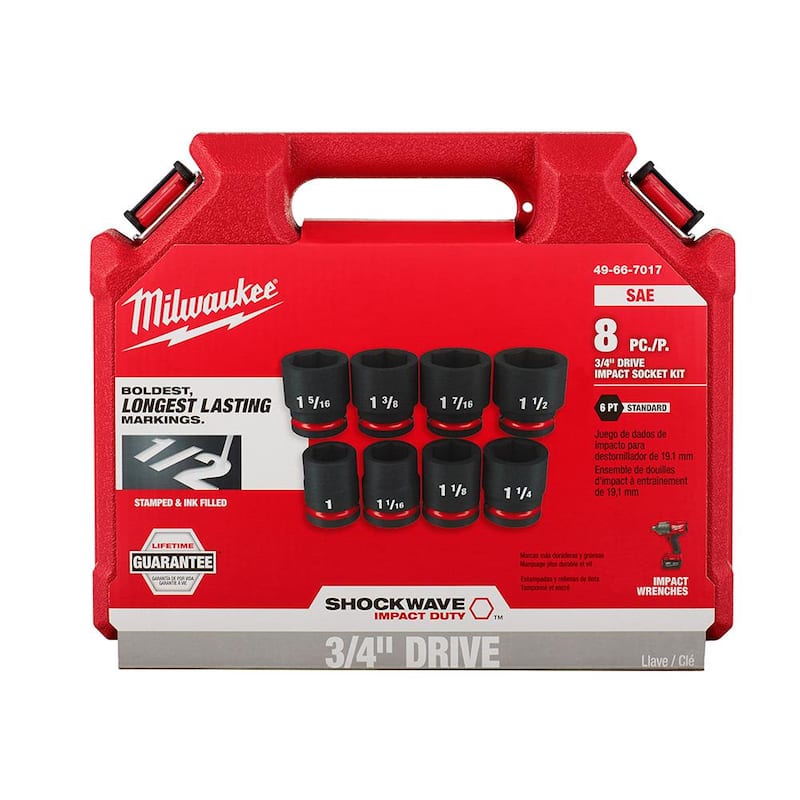 Juego de 8 piezas de casquillos de impacto de 6 puntos de 3/4 de pulgada SAE Milwaukee SHOCKWAVE - 49-66-7017