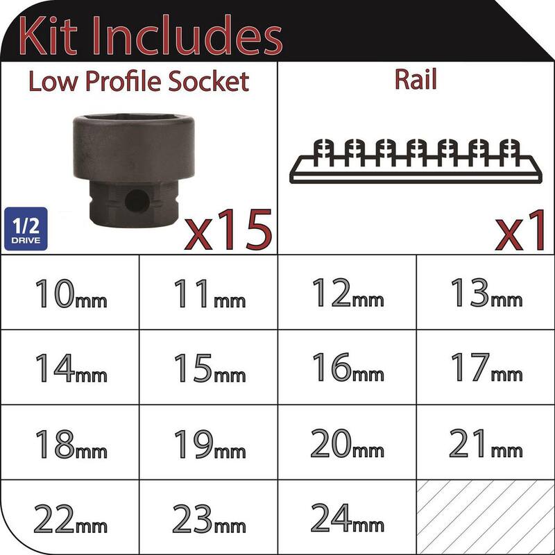 Juego de 15 piezas de dados de impacto métricos de perfil bajo de 1/2 pulgada Husky de 6 puntos - H2DLPIMSM15PC