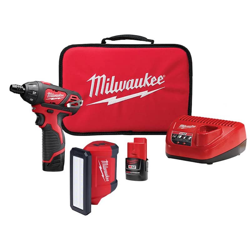Kit destornillador inalámbrico Milwaukee M12 12V de 1/4 de pulgada con batería de iones de litio y luz de inundación de 700 lúmenes con servicio y reparación M12 y carga USB - 2401-22-2367-20.