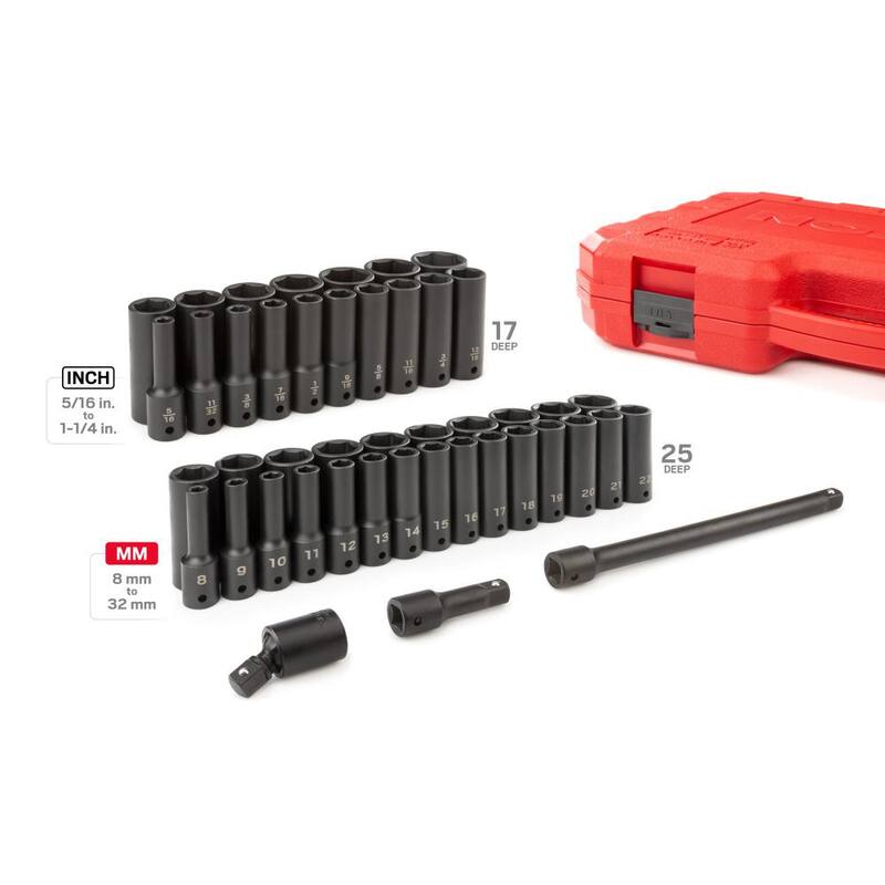 Juego de dados de impacto TEKTON de 1/2 pulgadas, de 6 puntos, de 45 piezas (5/16 - 1-1/4 pulgadas, 8 mm - 32 mm) - SID92404