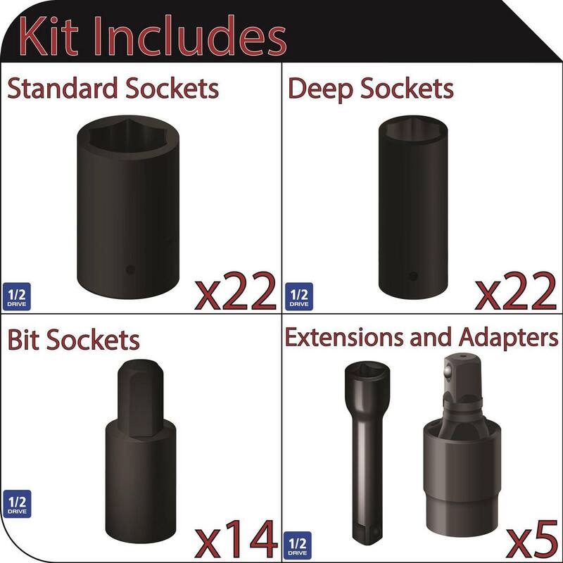 Husky Juego de dados de impacto y accesorios de 1/2 pulgadas (63 piezas) - H12IMPSKT63BAS
