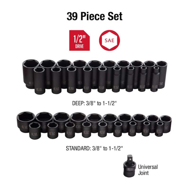Juego de dados de impacto SAE de 1/2 pulgadas de Sunex Tools (39 piezas) - 2668.