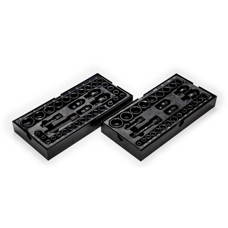 Juego de casquillos de impacto métrico/SAE de 3/8 pulgadas y 1/2 pulgadas GEARWRENCH con bandejas (63 piezas) - 8587374CB