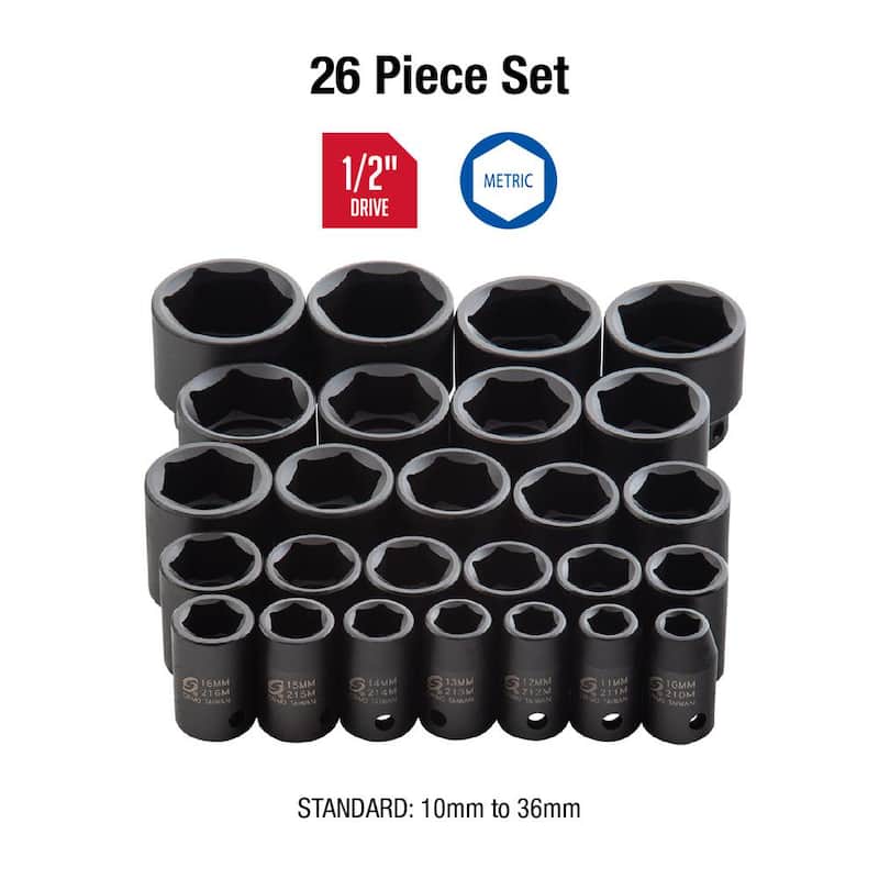 Herramientas SUNEX 1/2 pulg. Juego de impacto métrico de llaves de vaso (26 piezas) - 2645