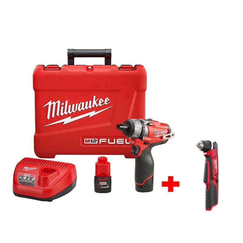 Milwaukee M12 FUEL 12V Inalámbrico 1/4 in. Kit destornillador de 2 velocidades con taladro angular derecho de 3/8 in. M12 (herramienta solamente) - 2402-22-2415-20.