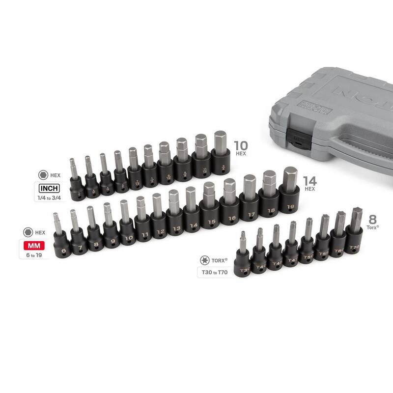 Juego de llaves de impacto con punta hexagonal/Torx de 1/2 pulgadas TEKTON, 32 piezas (de 1/4 a 3/4 pulgadas, de 6 a 19 mm, T30-T70) - SIB92312