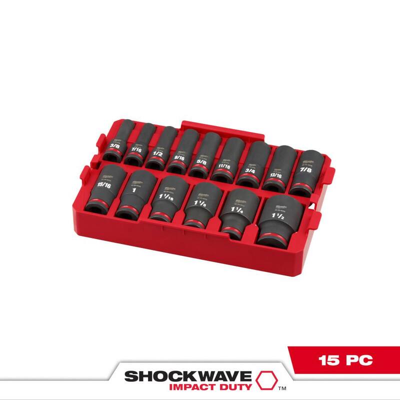 Juego de dados de impacto profundos Milwaukee SHOCKWAVE de 1/2 pulgadas de maniobra, medidas estándar SAE (juego de 15 piezas) - 49-66-6817.