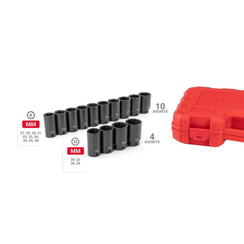 Juego de zócalos de impacto TEKTON de 1/2 pulgadas, puntas profundas de 6 y 12 puntos para tuercas de eje con estuche, 14 piezas (27-39 mm) - SID92341