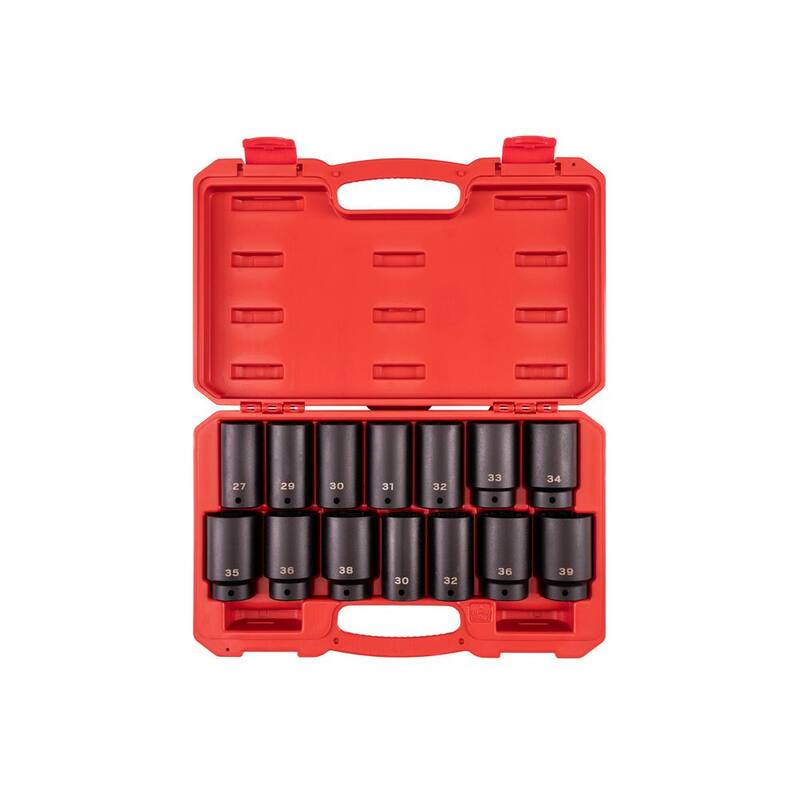 Juego de zócalos de impacto TEKTON de 1/2 pulgadas, puntas profundas de 6 y 12 puntos para tuercas de eje con estuche, 14 piezas (27-39 mm) - SID92341