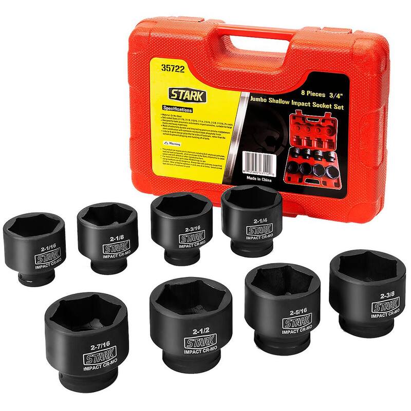 Juego de llaves de vaso de impacto poco profundas Stark Jumbo de 3/4 de pulgada con unidad SAE con estuche de almacenamiento (8 piezas) - 35722-H