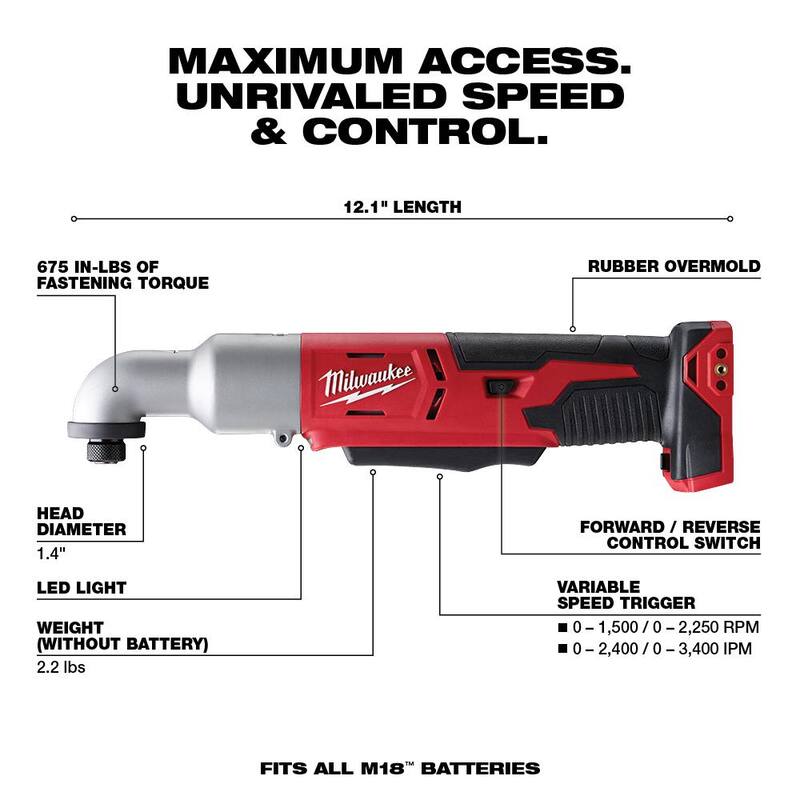 Milwaukee M18 18V Lithium-Ion Inalámbrico de 1/4 de pulgada Hexagonal Impact Driver de Ángulo Recto de 2 velocidades con (1) Batería de 5.0Ah y Cargador - 2667-20-48-59-1850