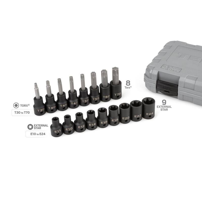 Juego de 17 piezas de dados de impacto TEKTON de 1/2 pulgada de Torx y Estrella Externa (T30-T70, E10-E24) - SKT25801