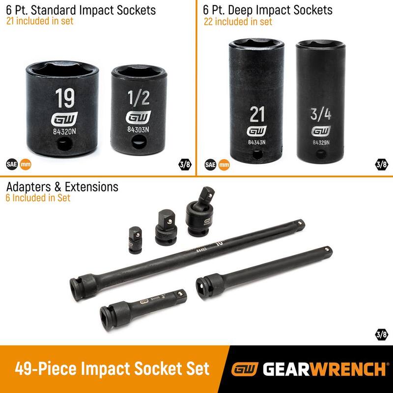 Juego de 49 piezas de dados de impacto estándar y profundo de 6 puntos SAE y métrico de 3/8 pulgadas de GEARWRENCH con estuche - 86533