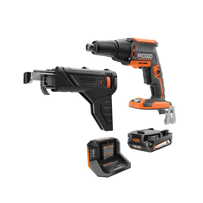 Atornillador inalámbrico RIDGID 18V Brushless para tablaroca con kit de accesorios acoplables y batería de 2.0 Ah y cargador - R86630B-AC9302