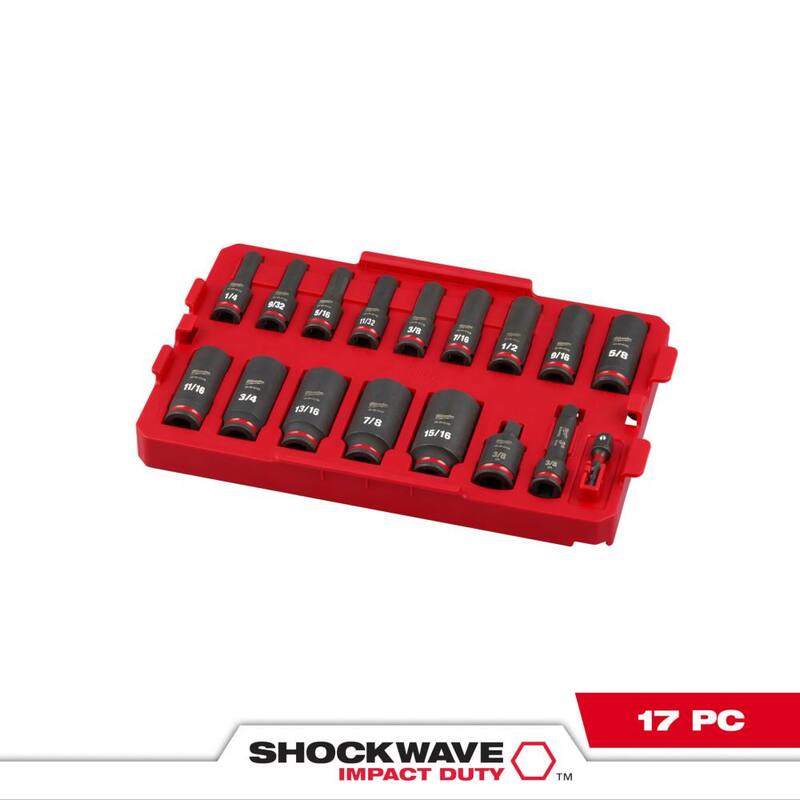 Juego de dados de impacto Milwaukee SHOCKWAVE con vaso profundo de 3/8 pulgadas de 17 piezas (SAE) - 49-66-6815