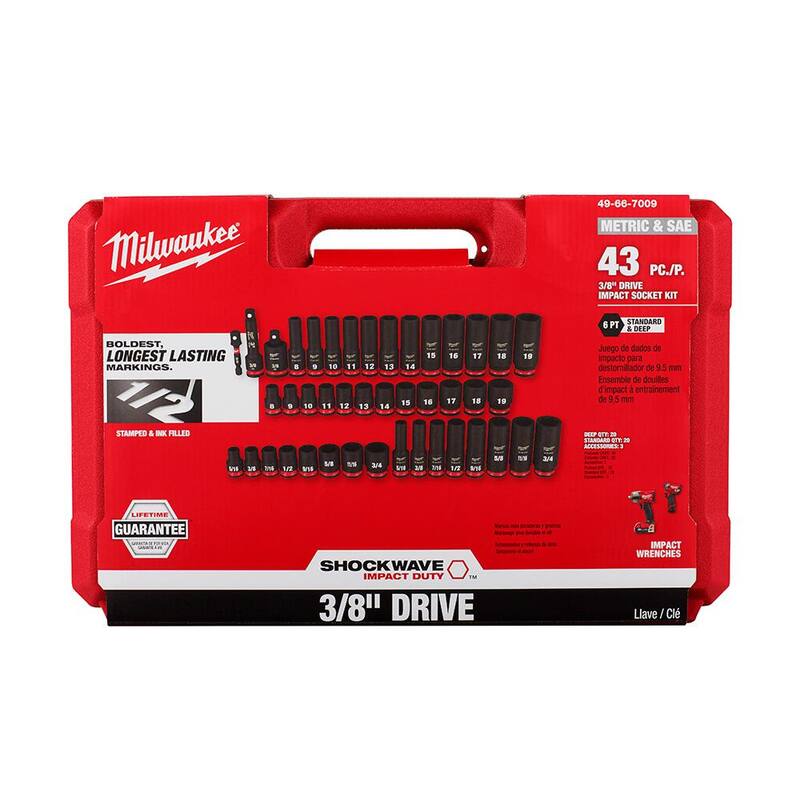 Juego de llaves de impacto de 3/8 pulgadas SAE y métricas de 6 puntos Milwaukee Shockwave y juego de puntas de destornillador de impacto (163 piezas) - 49-66-7009-48-32-5155