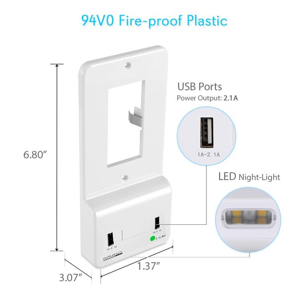Placa de pared con luz nocturna y cargador, PWPLGULT214 - PWPLGULT214