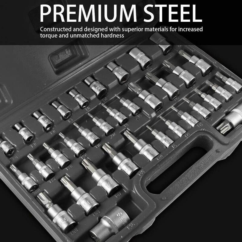 Juego de 35 piezas de puntas de vaso estriado externo Torx/TR a prueba de manipulaciones XtremepowerUS de 1/4 pulgadas y 3/8 pulgadas - 33802-H.