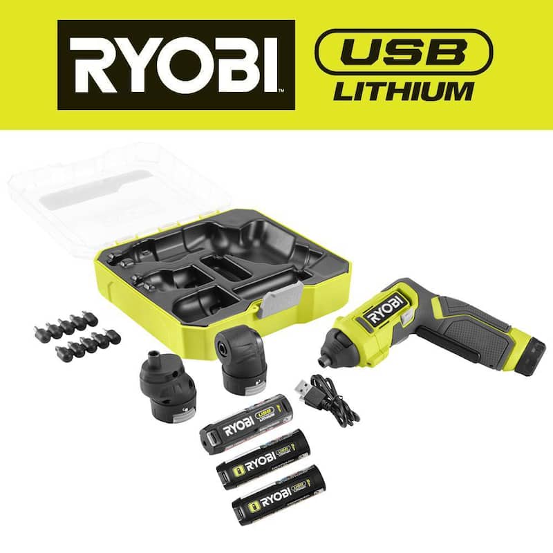 Desarmador múltiple de cabeza RYOBI USB con batería de 2.0 Ah y cable de carga con batería USB de litio de 2.0 Ah (paquete de 2) - FVD51K-FVB202