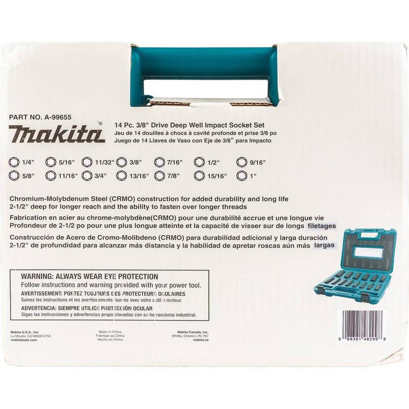 Juego de llaves de impacto profundo fraccionarias de 6 puntos de 3/8 pulgadas de Makita (14 piezas) - A-99655