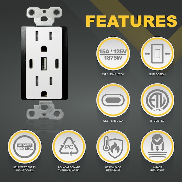 Tomacorriente USB Faith Blanco, 15A 30-Watt con 2 puertos Tipo C y 1 puerto Tipo A - UC2A1-15A6A