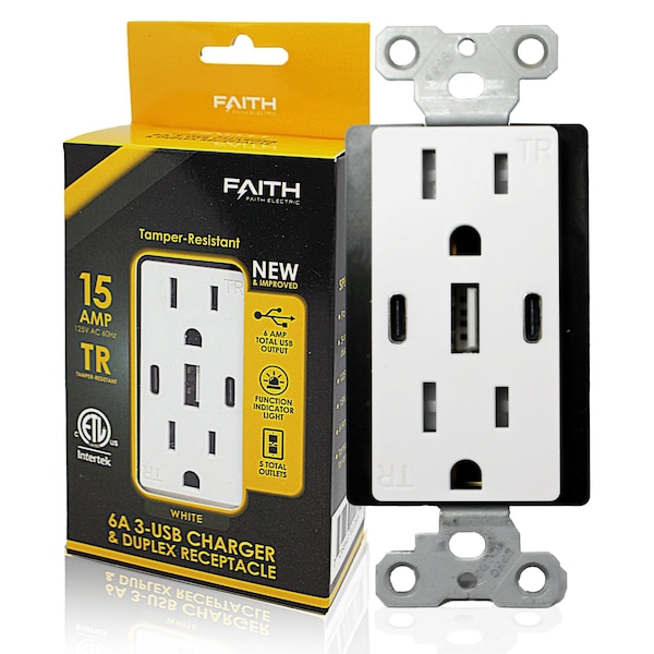 Tomacorriente USB Faith Blanco, 15A 30-Watt con 2 puertos Tipo C y 1 puerto Tipo A - UC2A1-15A6A