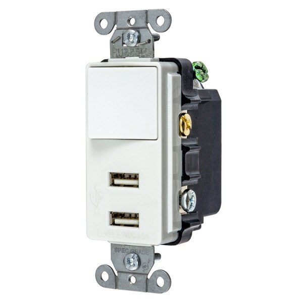 Cargador USB de 2 puertos con interruptor de un solo polo/tripolar, 3A 5V, 15A 125V, blanco - USBB102W