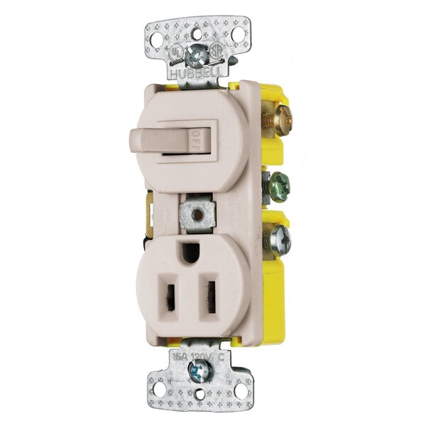 Dispositivos Combinados Hubbell Wiring Device-Kellems, Grado Residencial, 1) Interruptor de palanca sencillo, 1) Receptáculo sencillo, 15A 120V AC, Auto-puesta a tierra, Conexión lateral - RC108LA
