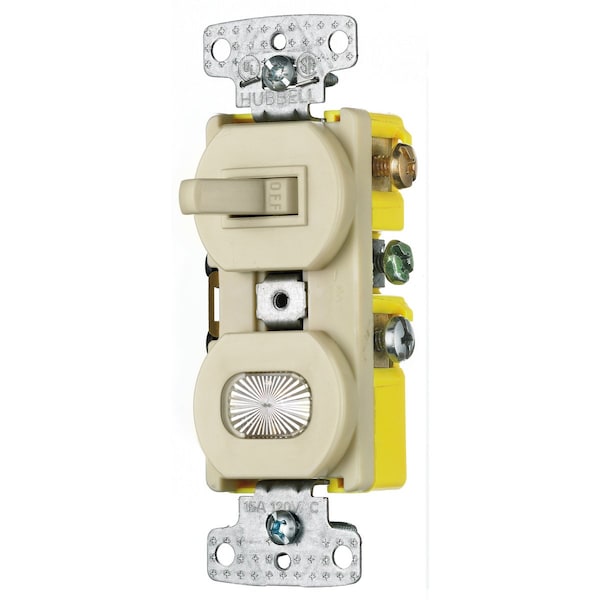 Dispositivos de combinación Hubbell Wiring Device-Kellems, grado residencial, 1) interruptor de tres vías, 1) luz piloto, 15A 120V AC, auto puesta a tierra, cableado lateral - RC309I