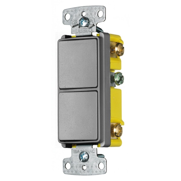 Dispositivos de interruptores y controles de iluminación Hubbell Wiring Device-Kellems, dispositivos combinados, grado residencial, serie decorativa, 2 interruptores de palanca simple, 15A 120V AC, cableado lateral, gris - RCD101GY
