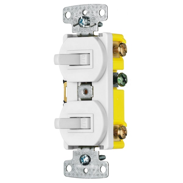 Interruptores y controles de iluminación Hubbell Wiring Device-Kellems, Dispositivos de combinación, Grado residencial, 1) Interruptor basculante de un solo polo, 1) Interruptor basculante de tres vías, 15A 120V AC, Conexión a tierra automática, Con cableado lateral, Blanco - RC103W