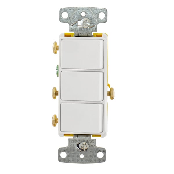 Interruptores y controles de iluminación, dispositivos combinados, grado residencial, serie decorativa, 3 interruptores de tres vías, 15A 120V CA, cableado lateral, blanco - RCD111W