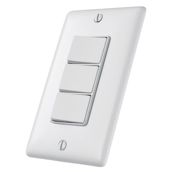 Interruptores y controles de iluminación, dispositivos combinados, grado residencial, serie decorativa, 3 interruptores de tres vías, 15A 120V CA, cableado lateral, blanco - RCD111W