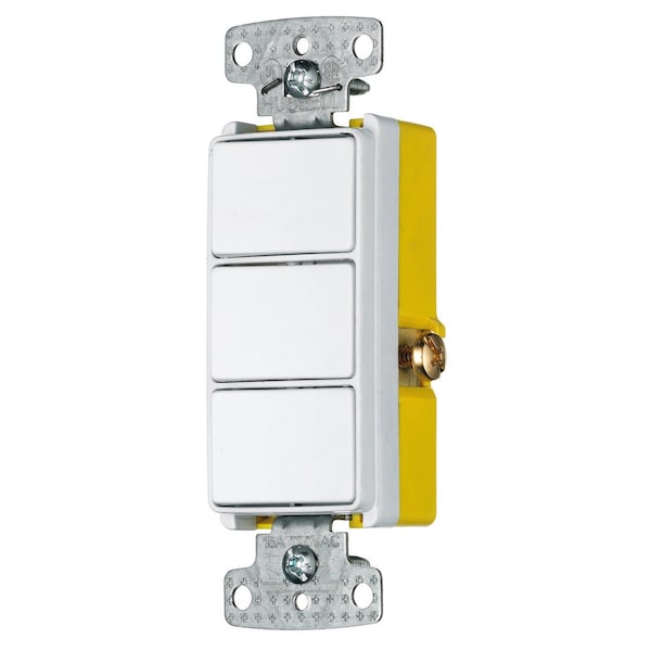 Interruptores y controles de iluminación, dispositivos combinados, grado residencial, serie decorativa, 3 interruptores de tres vías, 15A 120V CA, cableado lateral, blanco - RCD111W