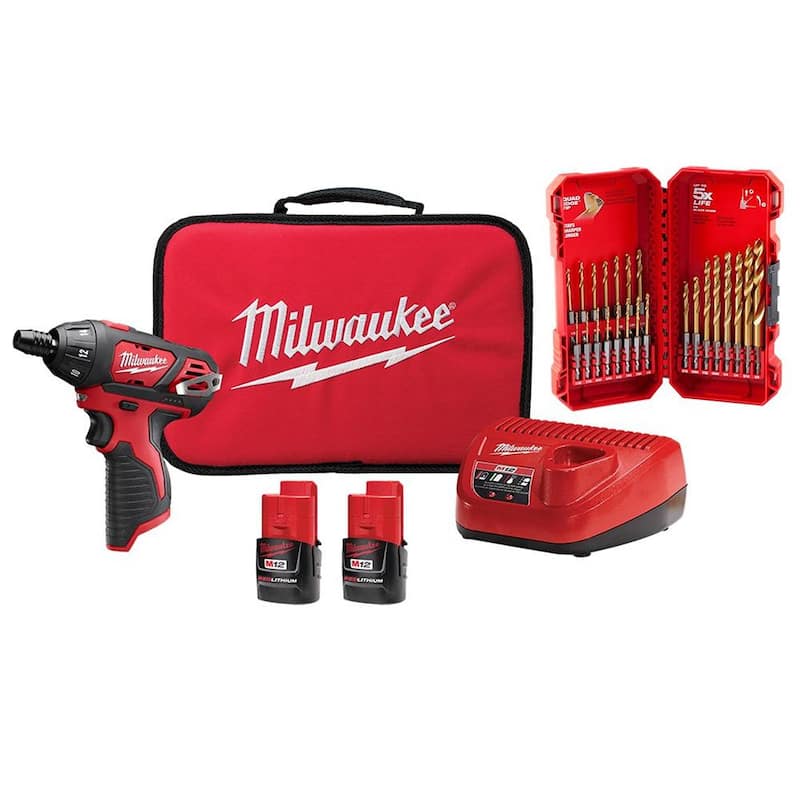 Kit de destornillador inalámbrico Milwaukee M12 12V de 1/4 de pulgada con batería de iones de litio, incluye set de brocas de titanio SHOCKWAVE Impact Duty (23 piezas) - 2401-22-48-89-4631.