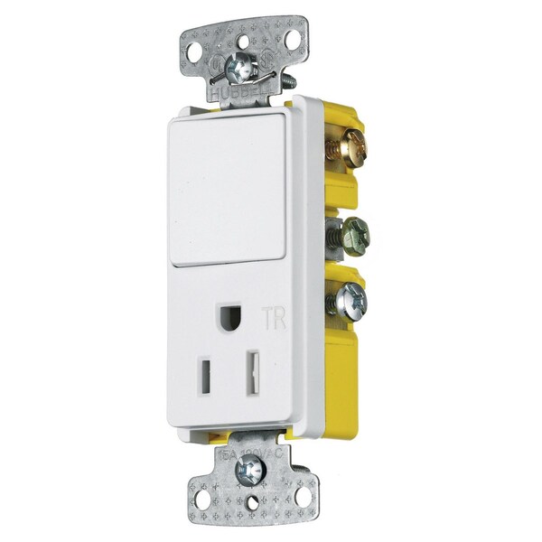 Hubbell Wiring Device-Kellems Switches and Lighting Controls, Combination Devices, Residential Grade, Decorator Series, 1) Single Pole Rocker, 1) Single Tamper Resistant Receptacle, 15A 120V AC, Side Wired - RCD108WTR
