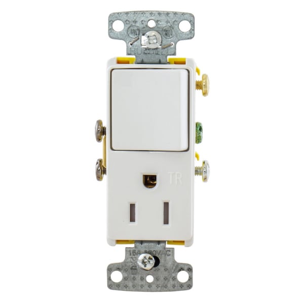Hubbell Wiring Device-Kellems Switches and Lighting Controls, Combination Devices, Residential Grade, Decorator Series, 1) Single Pole Rocker, 1) Single Tamper Resistant Receptacle, 15A 120V AC, Side Wired - RCD108WTR
