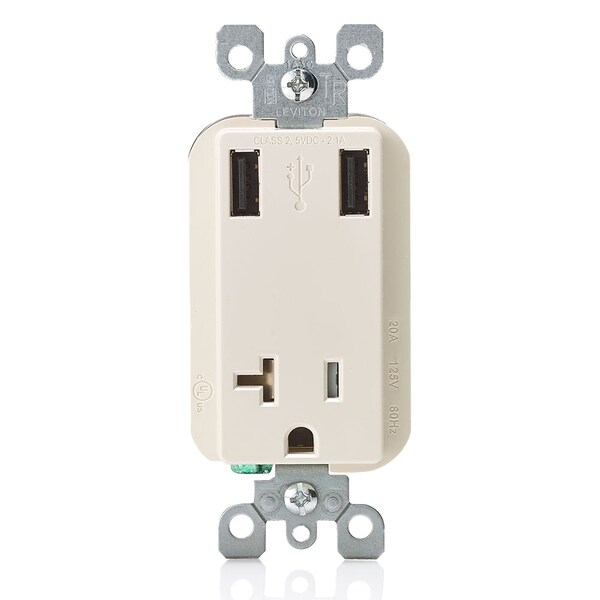 Leviton USB Charge Rec, 20A, 125V, 2.1A@5Vdc, Almendra - T5830-T