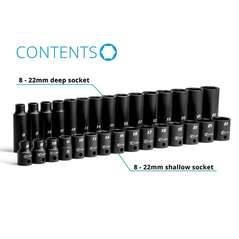 Juego de llaves de vaso de impacto superficiales y profundos métricos de 3/8 de pulgada de Capri Tools (30 piezas) - CP53000-30MSD