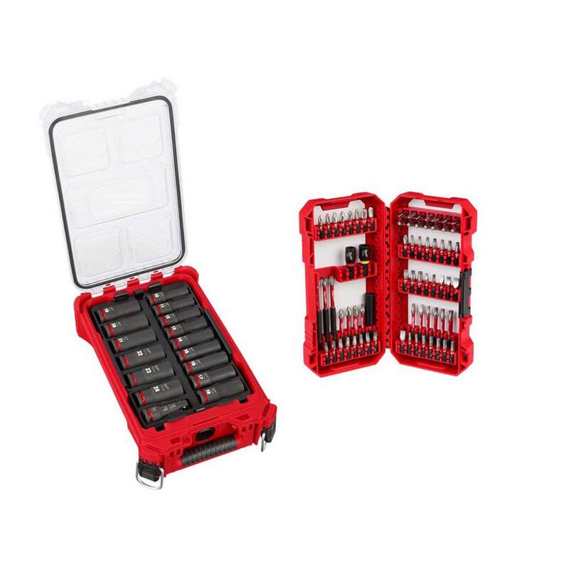 Juego de puntas para destornillador y set de sockets de impacto Milwaukee SHOCKWAVE de 1/2 pulgadas, métrico, de profundidad, con estuche PACKOUT (86 piezas) - 49-66-6803-48-32-5151