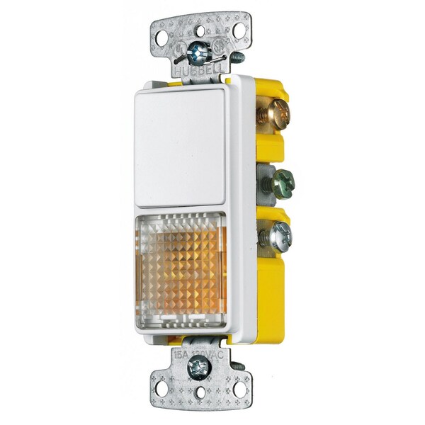 Dispositivos de combinación Hubbell Wiring Device-Kellems, Grado residencial, Serie Decorator, 1) Interruptor basculante de un solo polo, 1) Luz piloto, 15A 120V AC, Cableado lateral - RCD109W